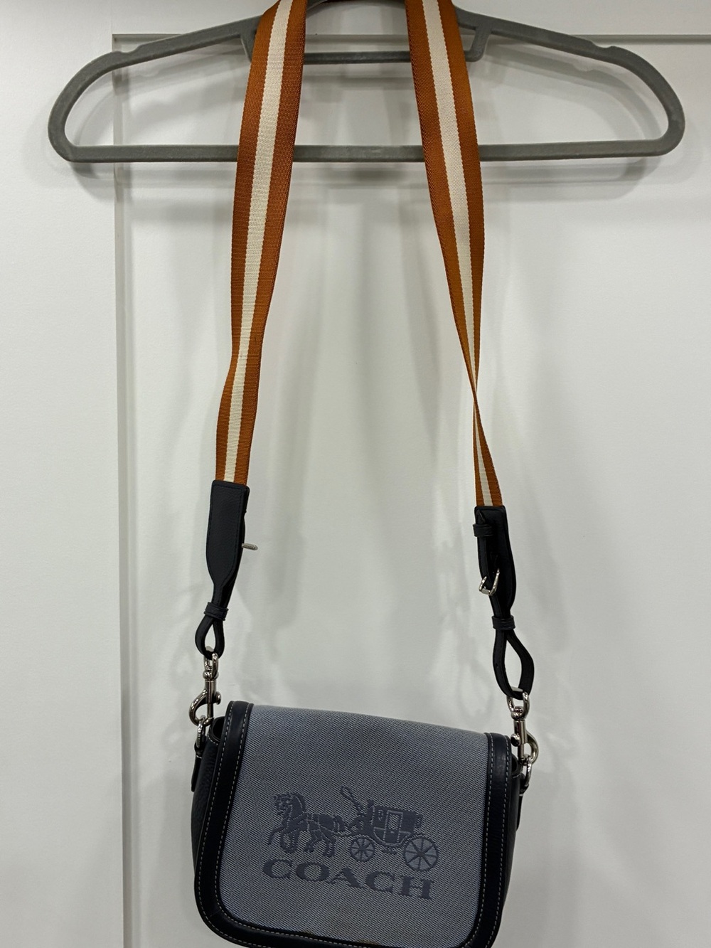 Coach Horse & Carriage Crossbody Bag Blue Canvas Leather